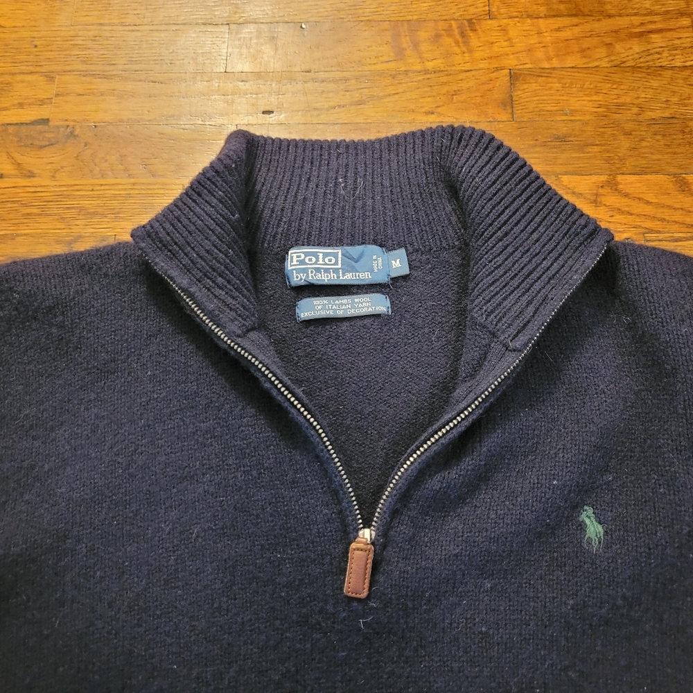 POLO RALPH LAUREN Navy Blue 100% Italian Lambs Wool Quarter Zip Sweater M - Picture 2 of 4